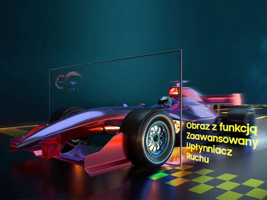 A race car is moving through a TV screen to show motion clarity via the Motion Xcelerator Turbo.