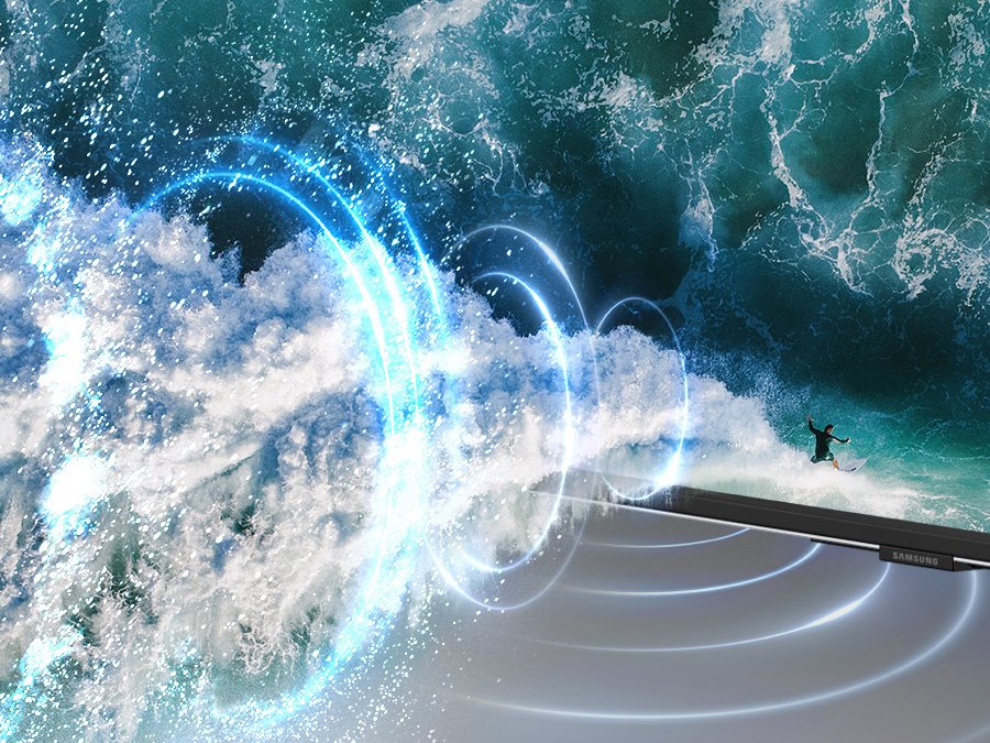 Simulated sound wave graphics demonstrate object tracking sound technology as it follows a surfer across the TV screen.