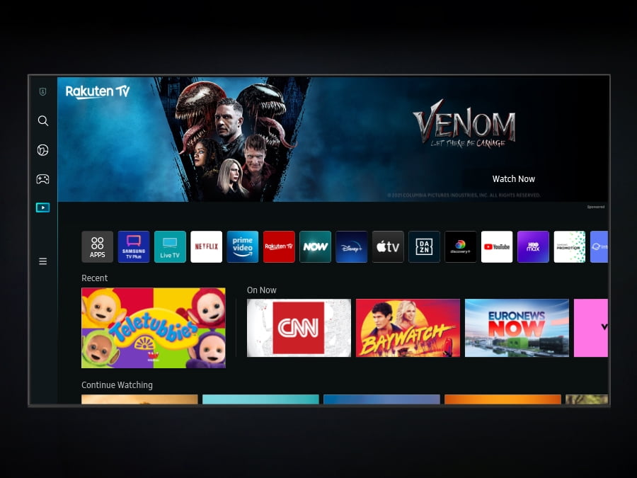 The new Smart Hub UI is displayed to show a wide variety of OTT services and contents being serviced.