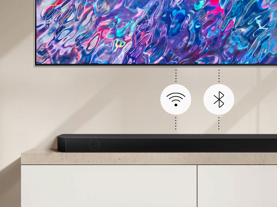 Za sprawą bluetooth soundbar z Dolby Atmos Samsung HW-Q700B/EN połączysz z telewizorem bezprzewodowo.