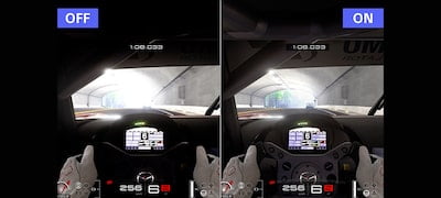 Podzielony ekran gry ilustrujący optymalizację przez funkcję Auto HDR Tone Mapping (automatyczne odwzorowywanie odcieni HDR)