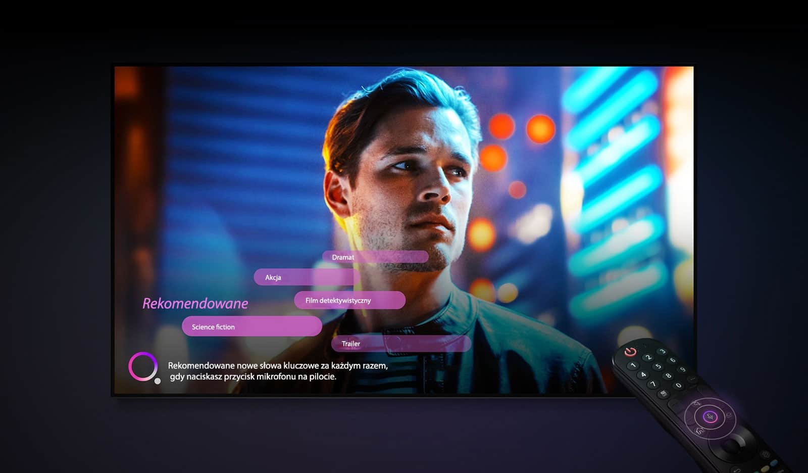 Na ekranie telewizora jest wyświetlona twarz mężczyzny, a w pobliżu są pokazane rekomendowane słowa kluczowe.